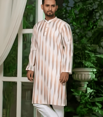 White & Red Striped Cotton Panjabi