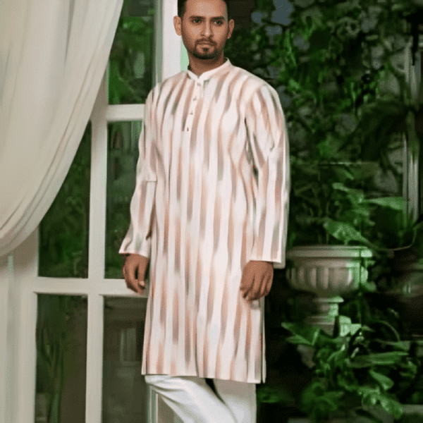 White & Red Striped Cotton Panjabi