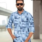 Light Blue Printed Cotton Man Casual Modern Shirt