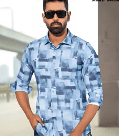 Light Blue Printed Cotton Man Casual Modern Shirt