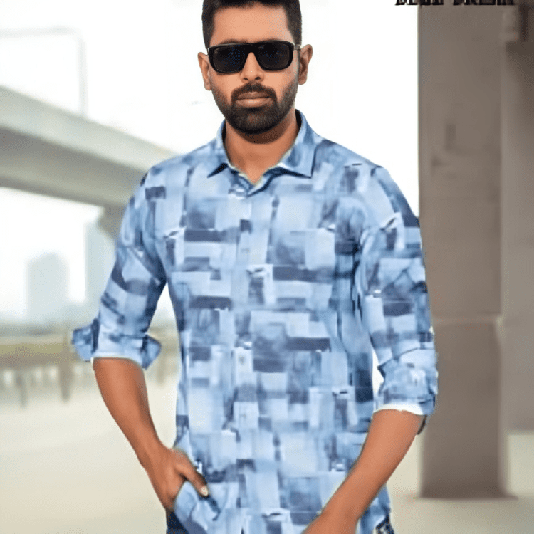 Light Blue Printed Cotton Man Casual Modern Shirt