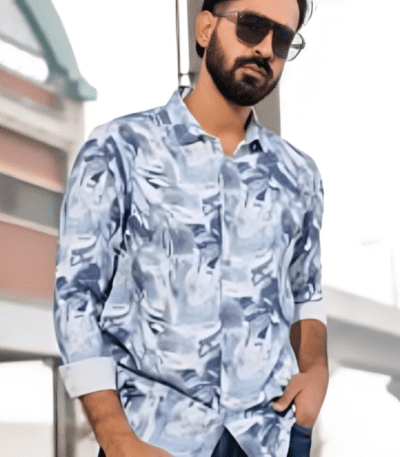 White & Blue Patterned Cotton Man Casual Modern Shirt