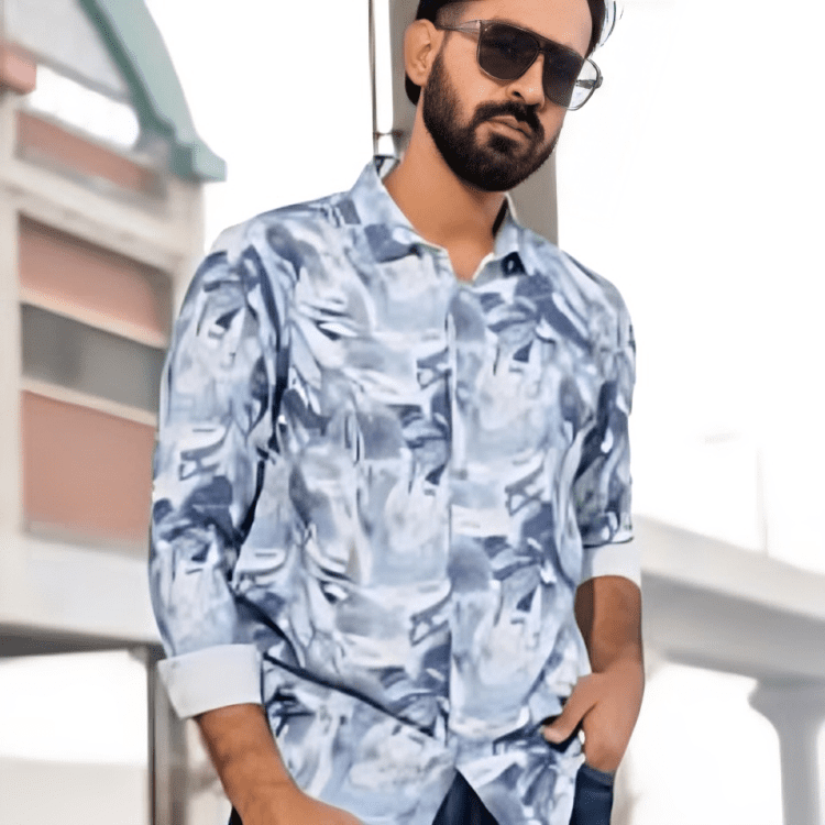 White & Blue Patterned Cotton Man Casual Modern Shirt