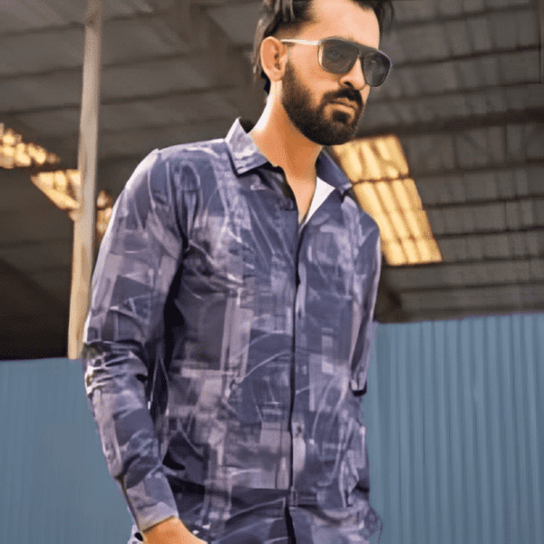 Dark Blue Patterned Cotton Man Casual Modern Shirt