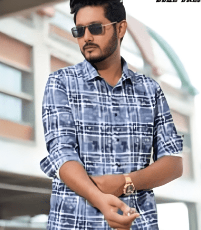 Blue Checked Cotton Man Casual Modern Shirt