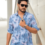 Light Blue Floral Cotton Man Casual Modern Shirt