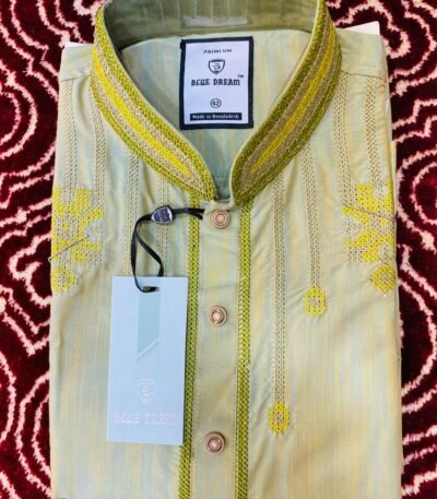 Off-White & Yellow Striped Cotton Panjabi