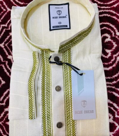 Off-White & Green Striped Cotton Panjabi