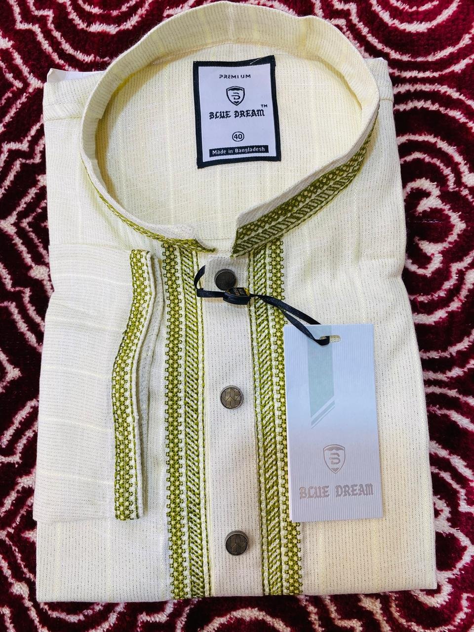 Panjabi (s175-2) Off-White & Green Striped Cotton Panjabi