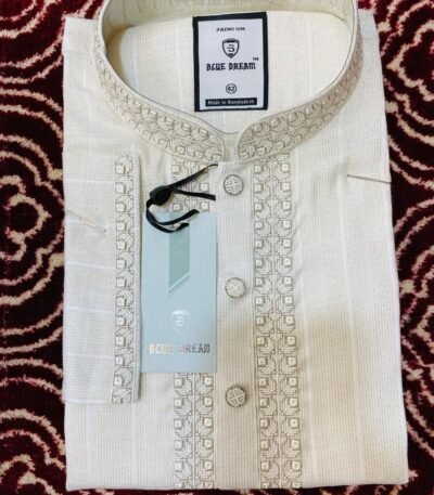 Cream & Gold Embroidered Cotton Panjabi