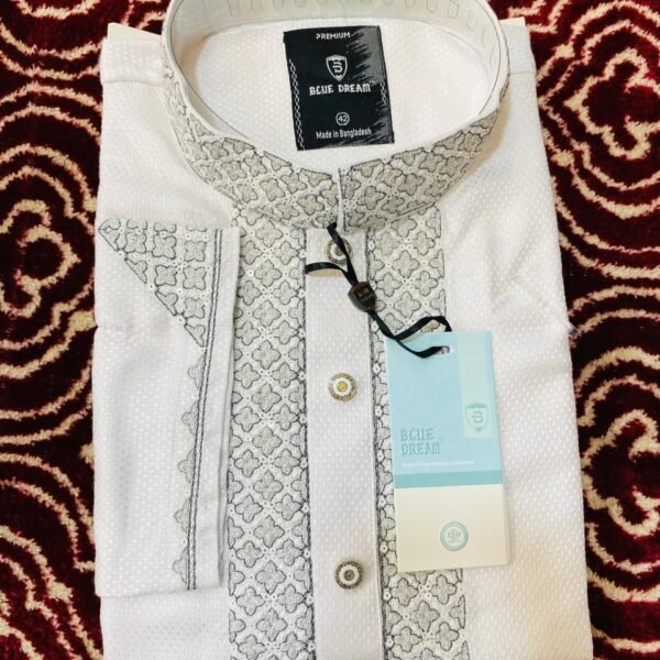 White Elegant Embroidered Cotton Panjabi