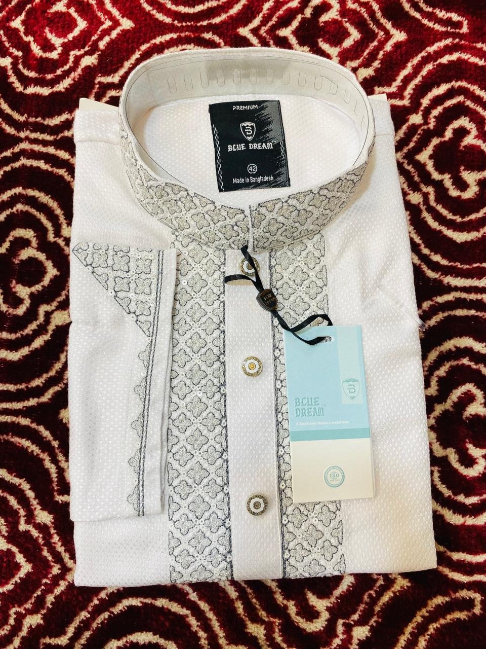 Panjabi (s195-2) White Elegant Embroidered Cotton Panjabi