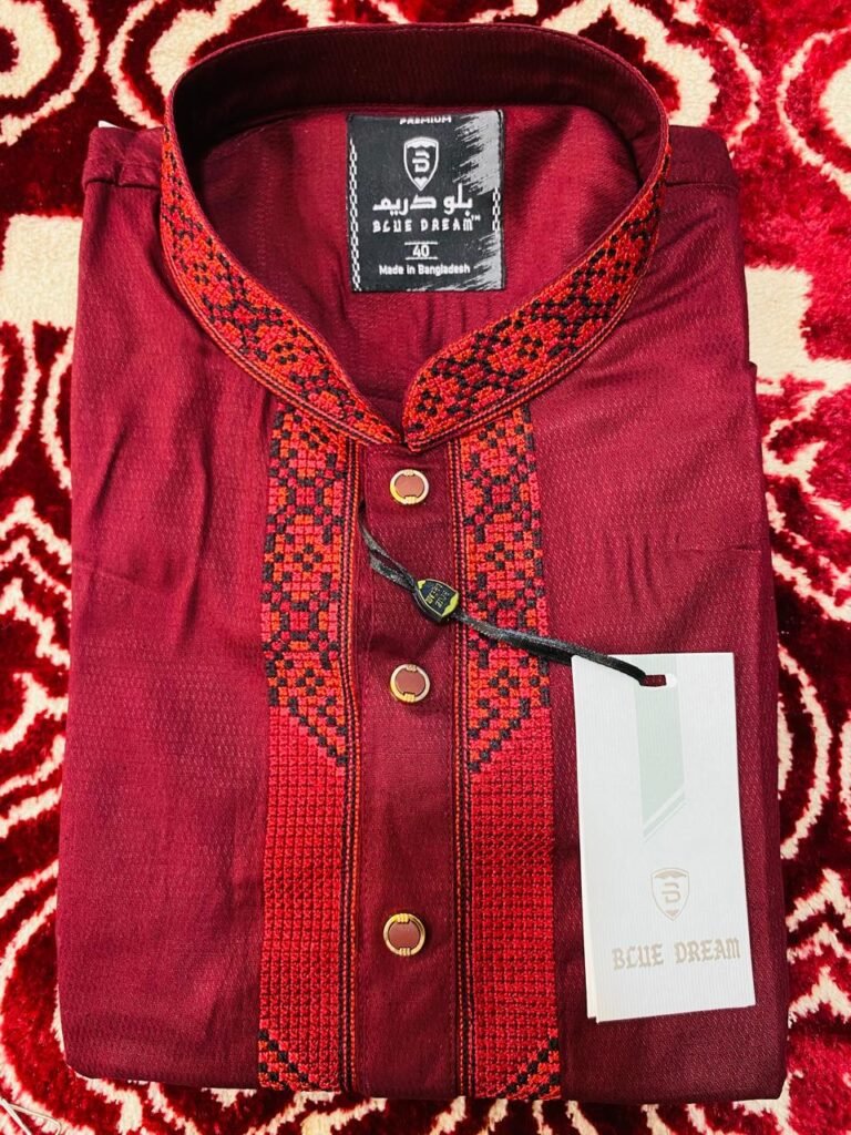 Red & Black Embroidered Cotton Panjabi