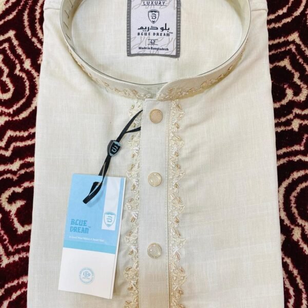 Cream & Gold Embroidered Cotton Panjabi (s355-1)