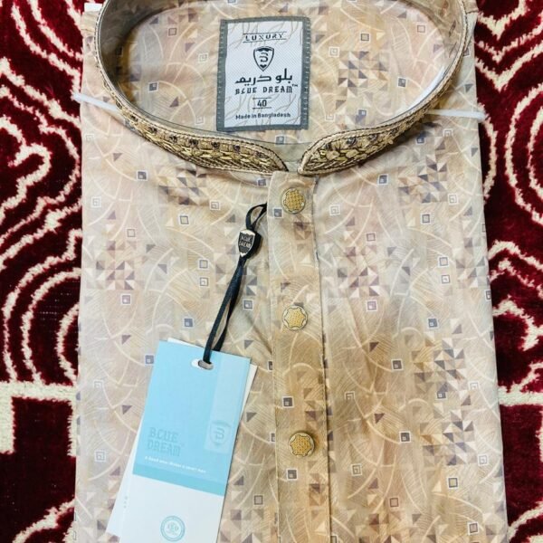 Beige & Gold Embroidered Cotton Panjabi (s355-10)