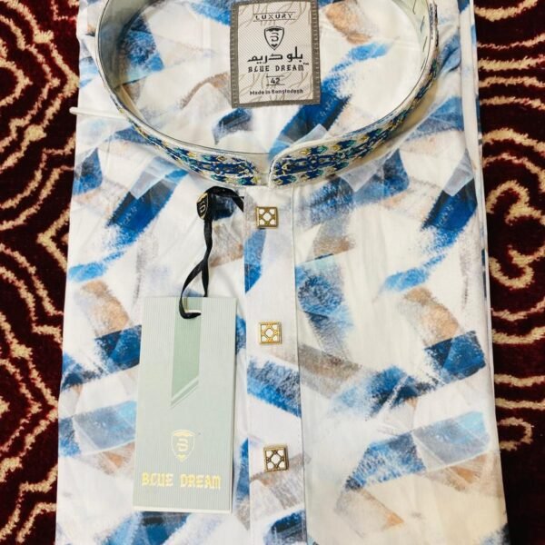 White & Blue Floral Printed Cotton Panjabi (s355-8)