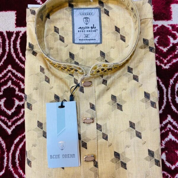 Off-White & Black Patterned Cotton Panjabi (s355-9)